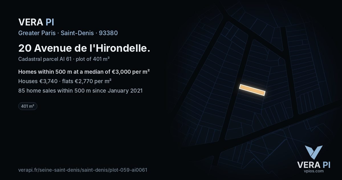 20 Avenue de l'Hirondelle, Saint-Denis at night – the plot lit, the parcels around coloured by the prices near them