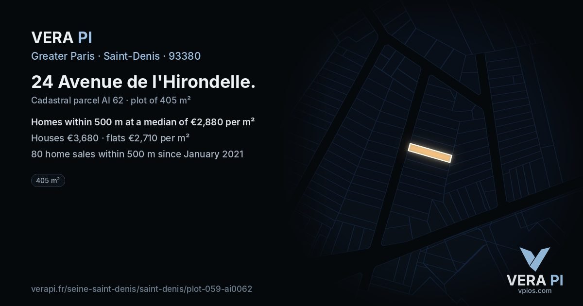 24 Avenue de l'Hirondelle, Saint-Denis at night – the plot lit, the parcels around coloured by the prices near them