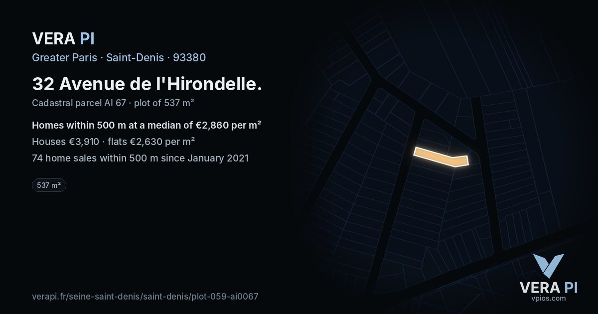 32 Avenue de l'Hirondelle, Saint-Denis at night – the plot lit, the parcels around coloured by the prices near them