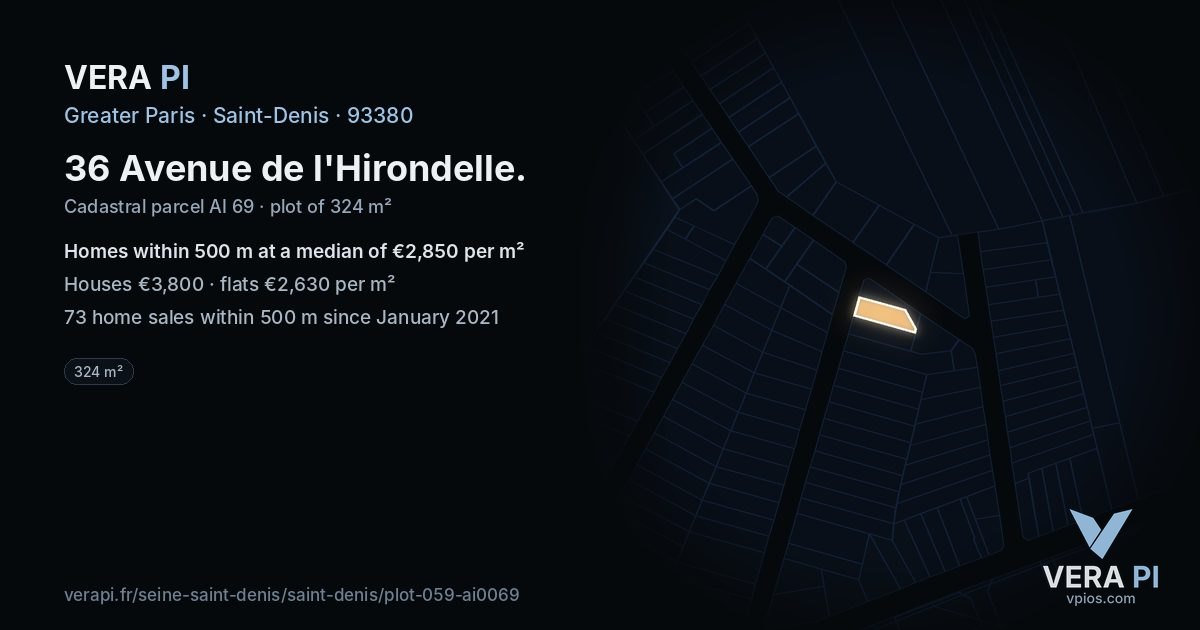 36 Avenue de l'Hirondelle, Saint-Denis at night – the plot lit, the parcels around coloured by the prices near them