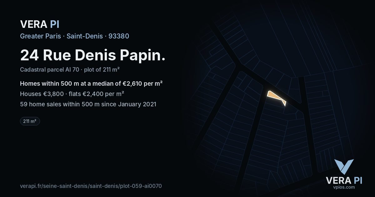 24 Rue Denis Papin, Saint-Denis at night – the plot lit, the parcels around coloured by the prices near them