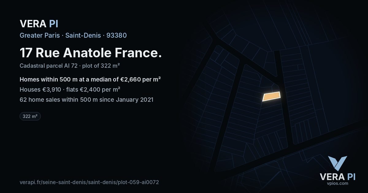 17 Rue Anatole France, Saint-Denis at night – the plot lit, the parcels around coloured by the prices near them