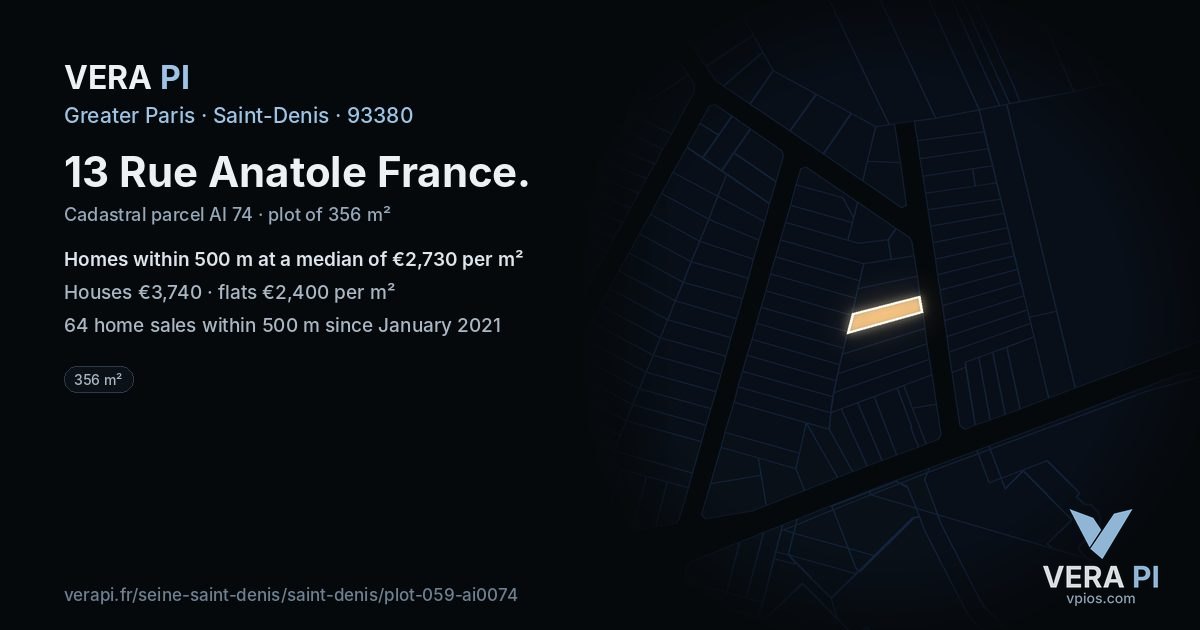 13 Rue Anatole France, Saint-Denis at night – the plot lit, the parcels around coloured by the prices near them