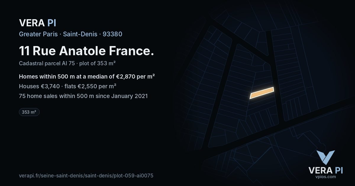 11 Rue Anatole France, Saint-Denis at night – the plot lit, the parcels around coloured by the prices near them