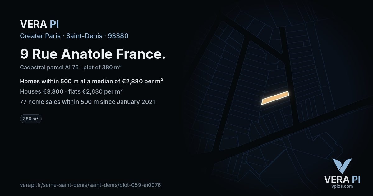 9 Rue Anatole France, Saint-Denis at night – the plot lit, the parcels around coloured by the prices near them
