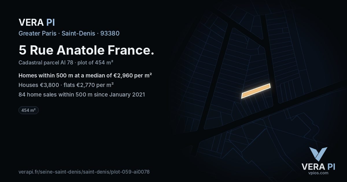 5 Rue Anatole France, Saint-Denis at night – the plot lit, the parcels around coloured by the prices near them