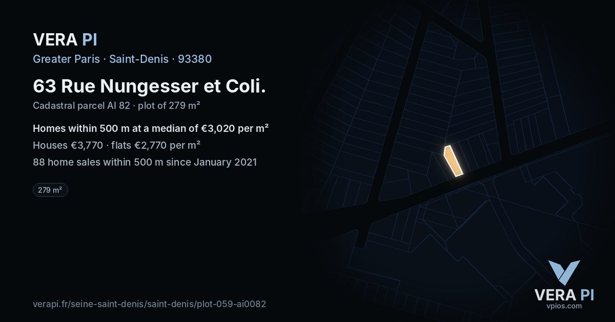 63 Rue Nungesser et Coli, Saint-Denis at night – the plot lit, the parcels around coloured by the prices near them