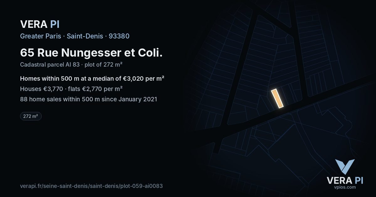 65 Rue Nungesser et Coli, Saint-Denis at night – the plot lit, the parcels around coloured by the prices near them