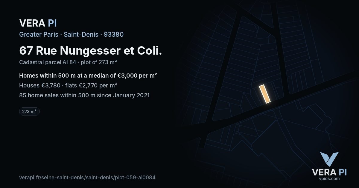 67 Rue Nungesser et Coli, Saint-Denis at night – the plot lit, the parcels around coloured by the prices near them