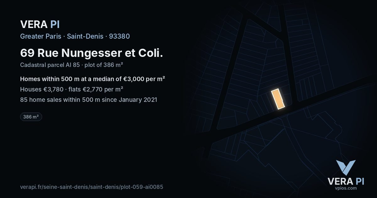 69 Rue Nungesser et Coli, Saint-Denis at night – the plot lit, the parcels around coloured by the prices near them