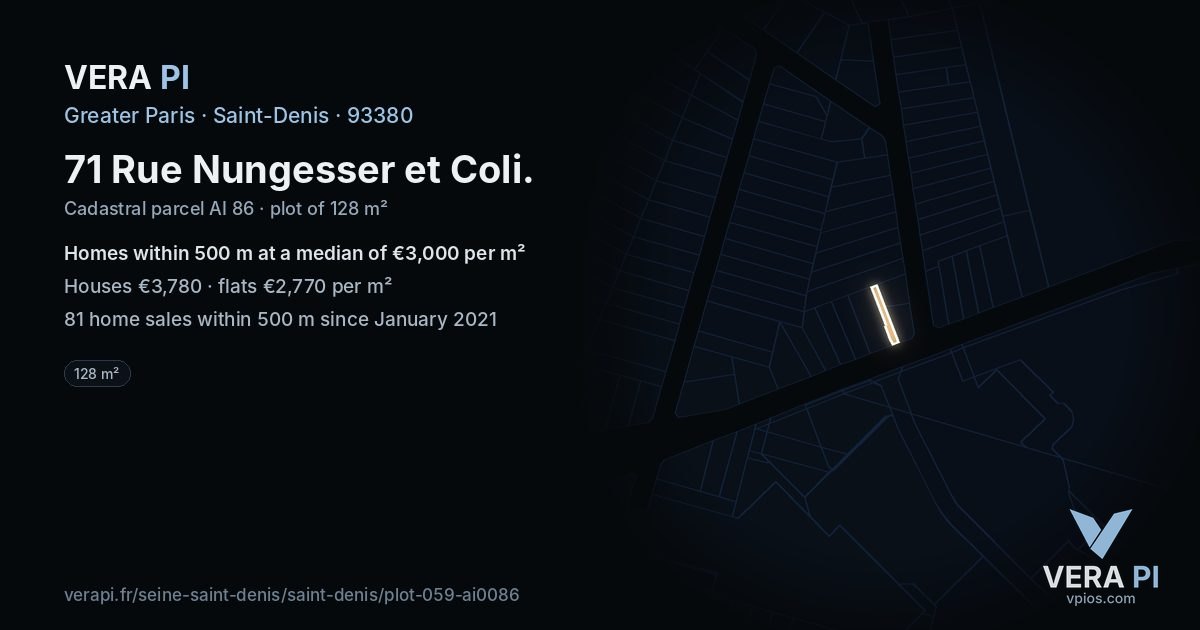 71 Rue Nungesser et Coli, Saint-Denis at night – the plot lit, the parcels around coloured by the prices near them