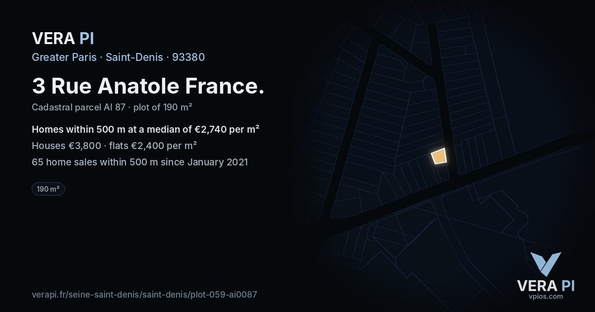 3 Rue Anatole France, Saint-Denis at night – the plot lit, the parcels around coloured by the prices near them