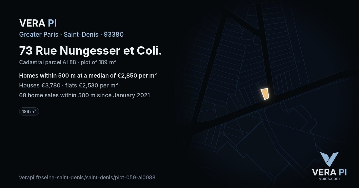 73 Rue Nungesser et Coli, Saint-Denis at night – the plot lit, the parcels around coloured by the prices near them