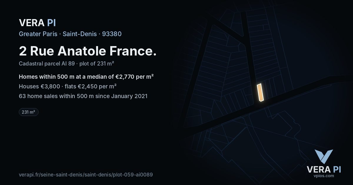2 Rue Anatole France, Saint-Denis at night – the plot lit, the parcels around coloured by the prices near them