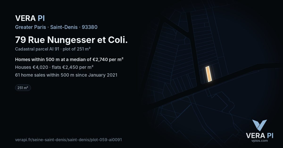 79 Rue Nungesser et Coli, Saint-Denis at night – the plot lit, the parcels around coloured by the prices near them