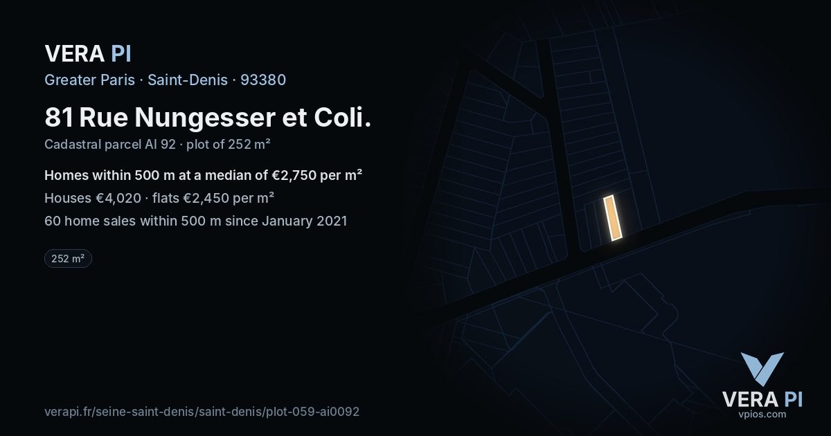 81 Rue Nungesser et Coli, Saint-Denis at night – the plot lit, the parcels around coloured by the prices near them