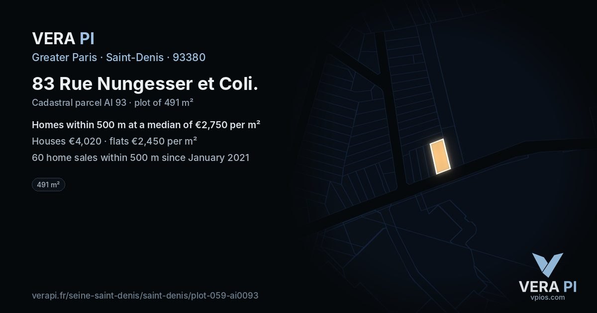 83 Rue Nungesser et Coli, Saint-Denis at night – the plot lit, the parcels around coloured by the prices near them