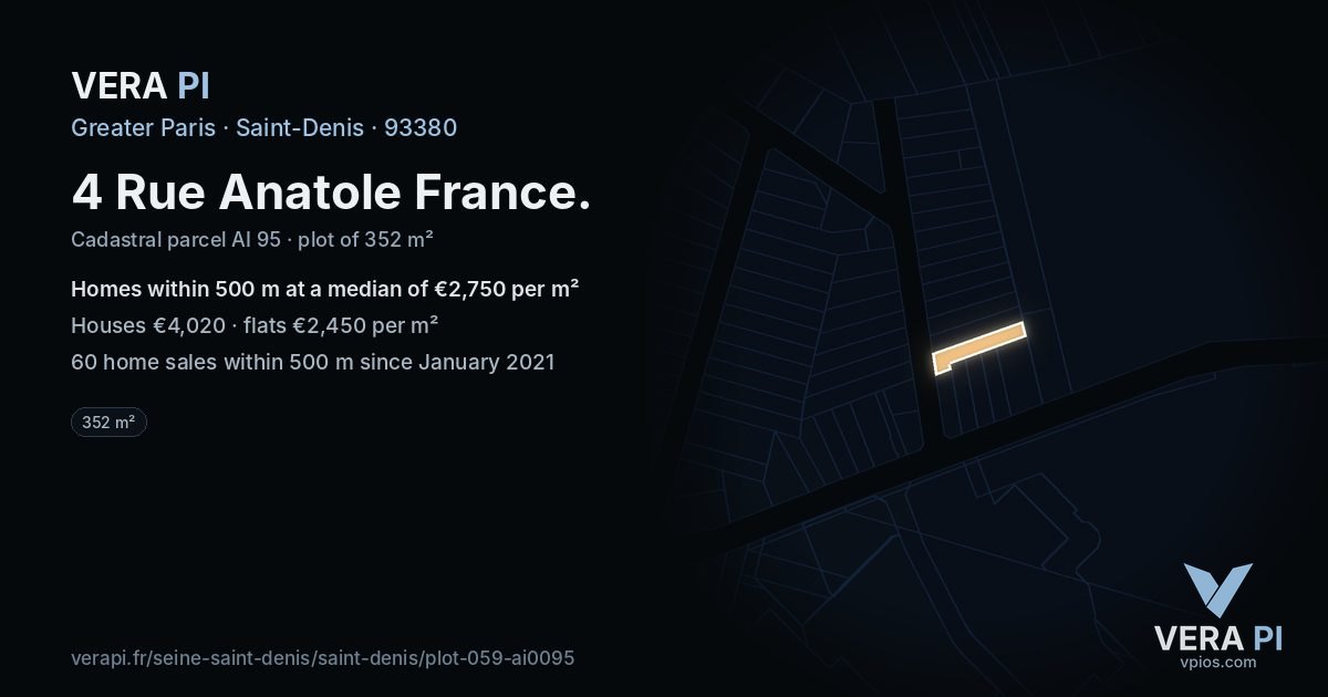 4 Rue Anatole France, Saint-Denis at night – the plot lit, the parcels around coloured by the prices near them
