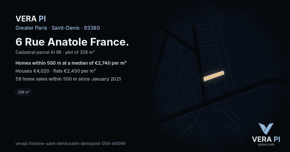 6 Rue Anatole France, Saint-Denis at night – the plot lit, the parcels around coloured by the prices near them