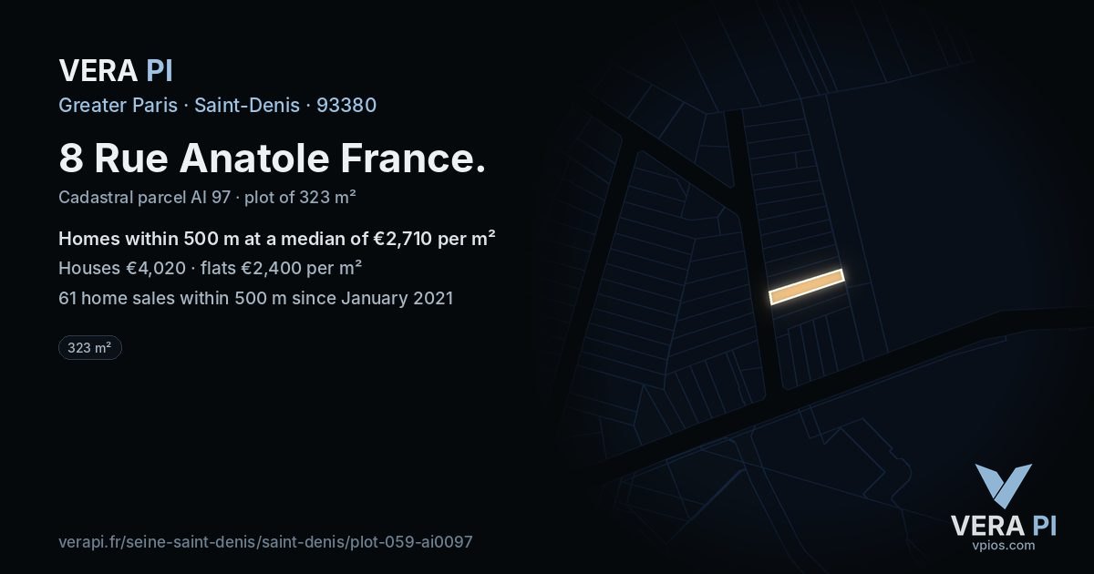 8 Rue Anatole France, Saint-Denis at night – the plot lit, the parcels around coloured by the prices near them