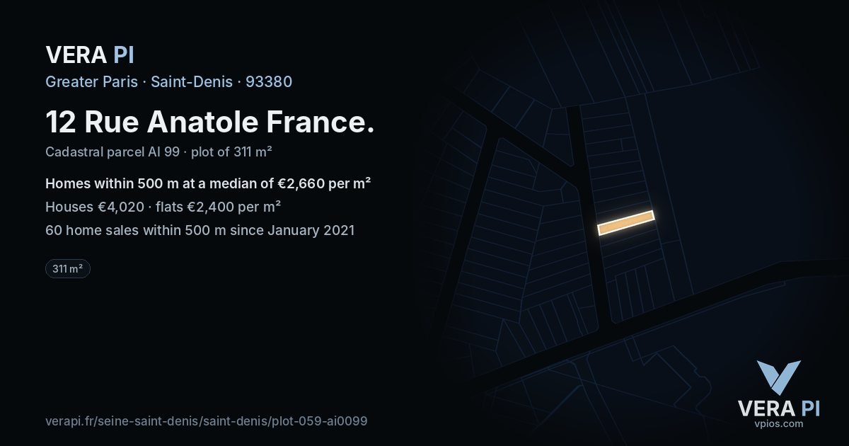 12 Rue Anatole France, Saint-Denis at night – the plot lit, the parcels around coloured by the prices near them