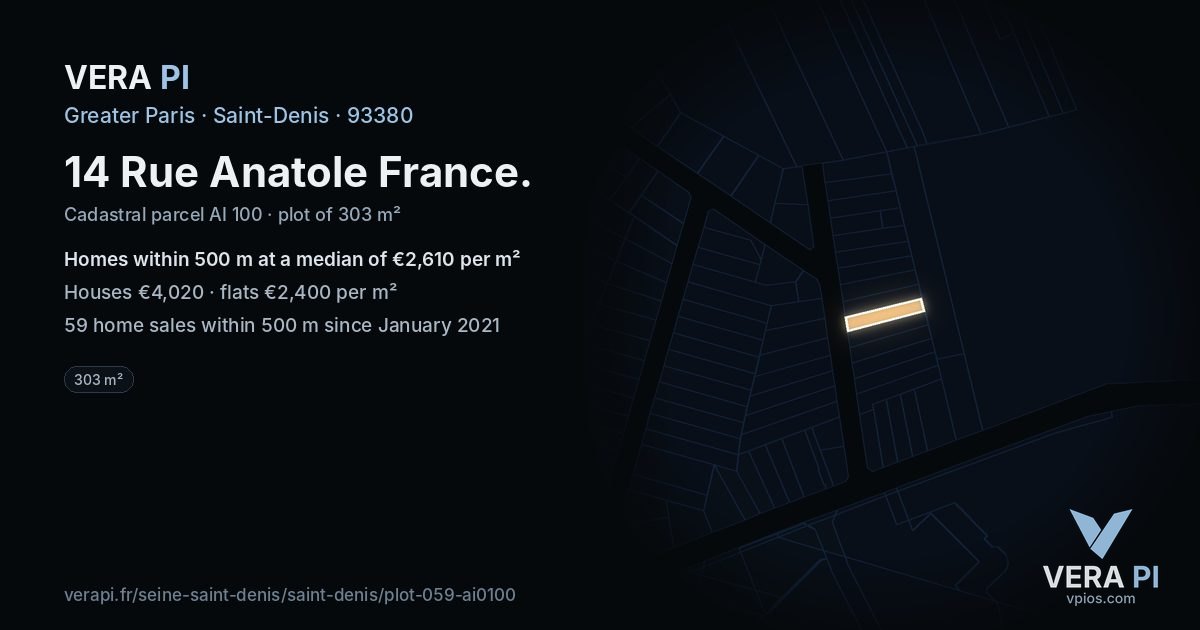 14 Rue Anatole France, Saint-Denis at night – the plot lit, the parcels around coloured by the prices near them