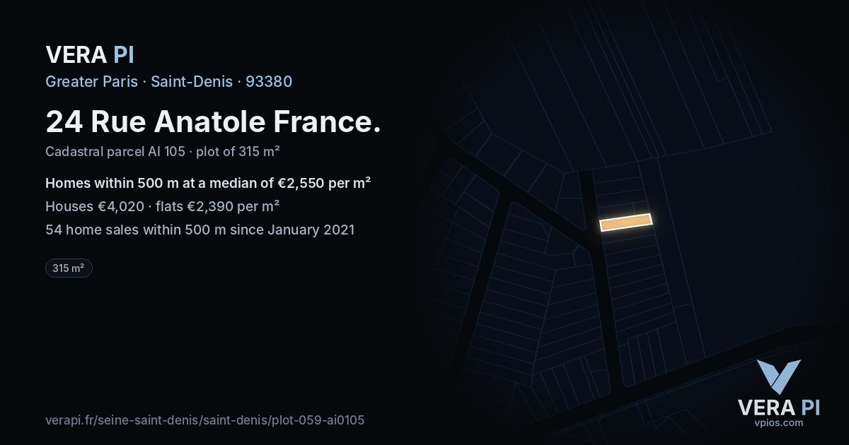 24 Rue Anatole France, Saint-Denis at night – the plot lit, the parcels around coloured by the prices near them
