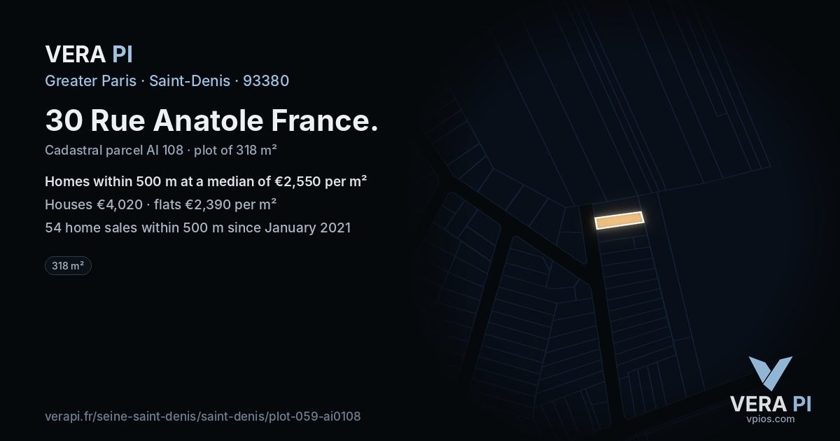 30 Rue Anatole France, Saint-Denis at night – the plot lit, the parcels around coloured by the prices near them