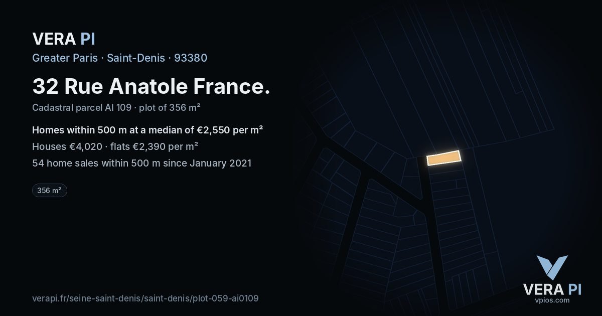 32 Rue Anatole France, Saint-Denis at night – the plot lit, the parcels around coloured by the prices near them