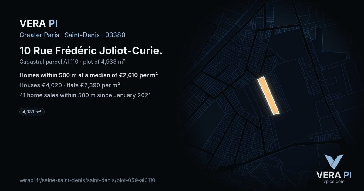 10 Rue Frédéric Joliot-Curie, Saint-Denis at night – the plot lit, the parcels around coloured by the prices near them