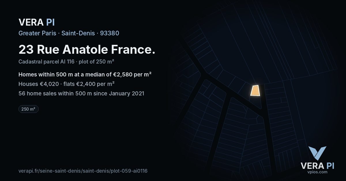 23 Rue Anatole France, Saint-Denis at night – the plot lit, the parcels around coloured by the prices near them