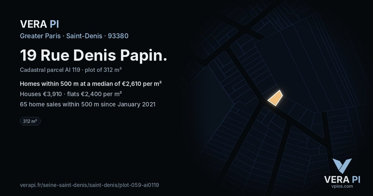 19 Rue Denis Papin, Saint-Denis at night – the plot lit, the parcels around coloured by the prices near them