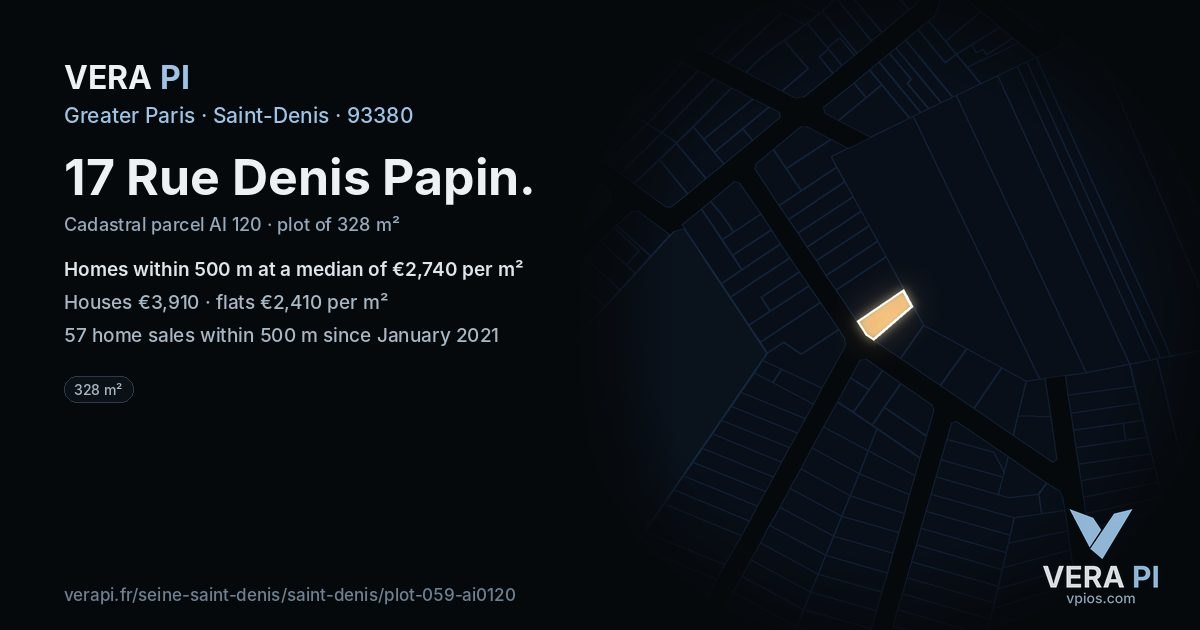 17 Rue Denis Papin, Saint-Denis at night – the plot lit, the parcels around coloured by the prices near them