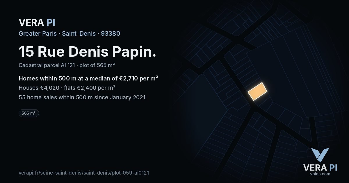 15 Rue Denis Papin, Saint-Denis at night – the plot lit, the parcels around coloured by the prices near them