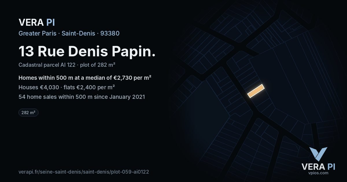 13 Rue Denis Papin, Saint-Denis at night – the plot lit, the parcels around coloured by the prices near them