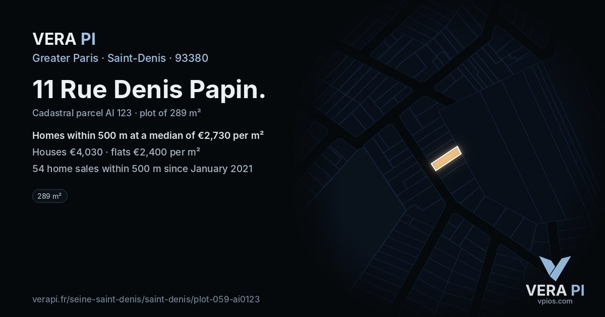 11 Rue Denis Papin, Saint-Denis at night – the plot lit, the parcels around coloured by the prices near them