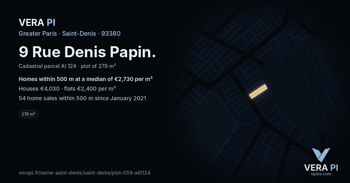 9 Rue Denis Papin, Saint-Denis at night – the plot lit, the parcels around coloured by the prices near them