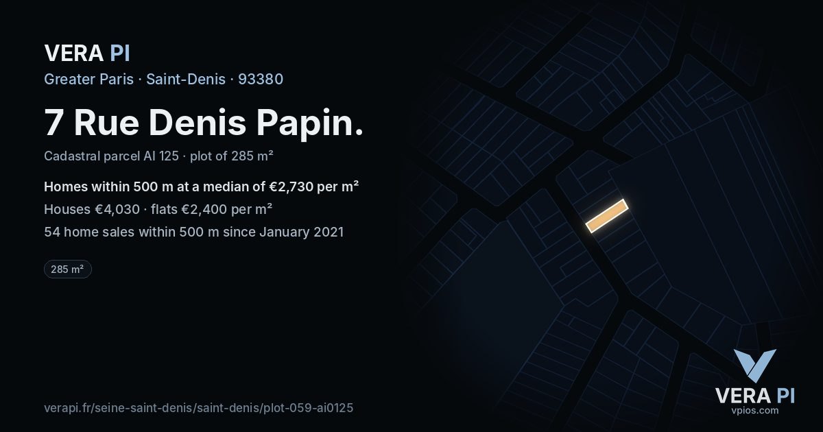 7 Rue Denis Papin, Saint-Denis at night – the plot lit, the parcels around coloured by the prices near them