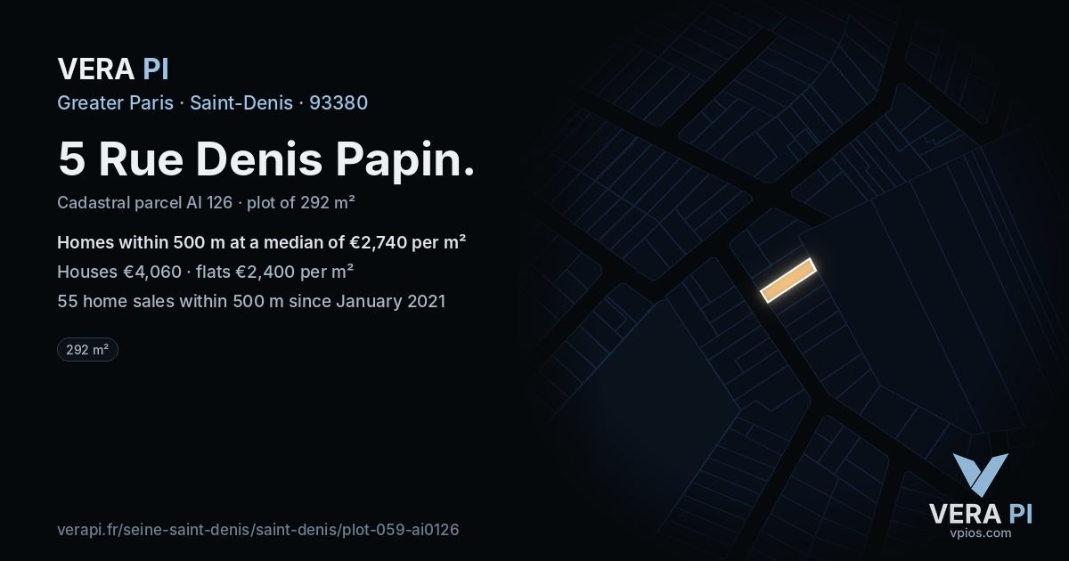5 Rue Denis Papin, Saint-Denis at night – the plot lit, the parcels around coloured by the prices near them