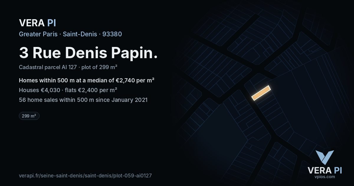 3 Rue Denis Papin, Saint-Denis at night – the plot lit, the parcels around coloured by the prices near them