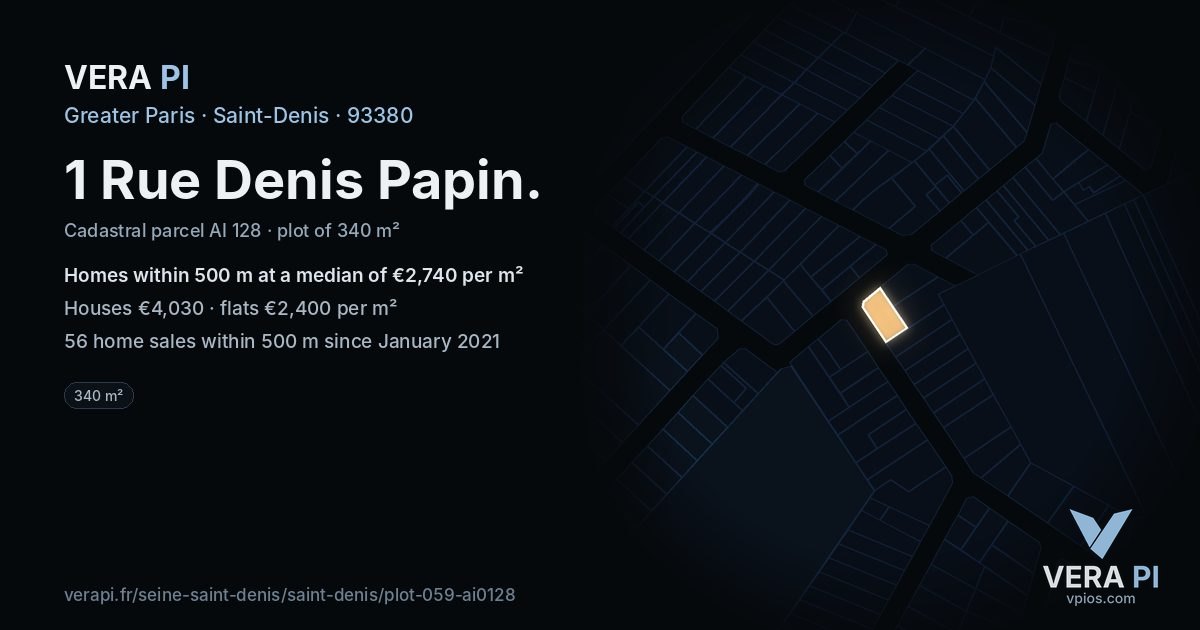 1 Rue Denis Papin, Saint-Denis at night – the plot lit, the parcels around coloured by the prices near them