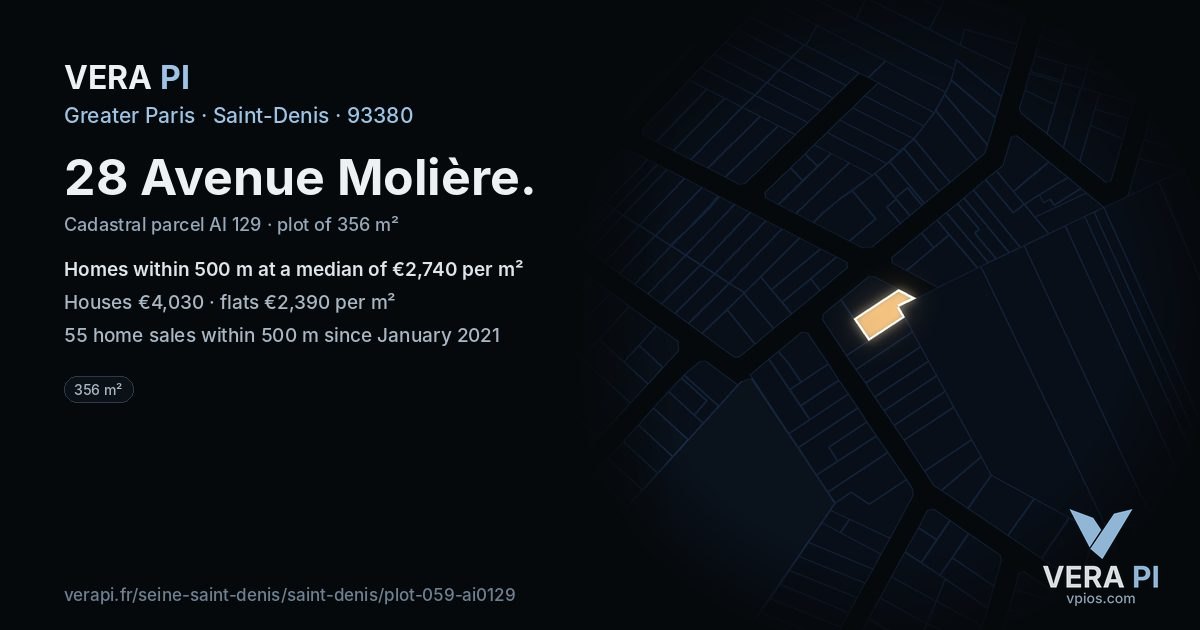 28 Avenue Molière, Saint-Denis at night – the plot lit, the parcels around coloured by the prices near them