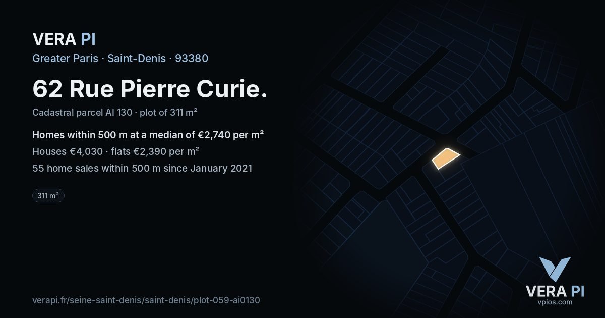62 Rue Pierre Curie, Saint-Denis at night – the plot lit, the parcels around coloured by the prices near them