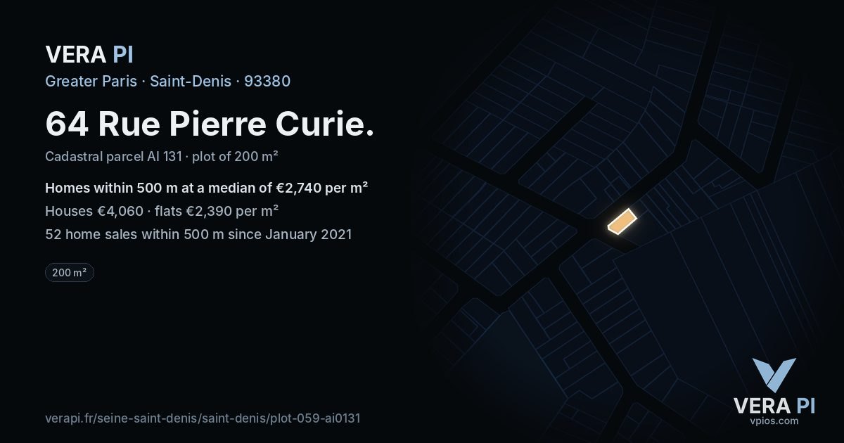 64 Rue Pierre Curie, Saint-Denis at night – the plot lit, the parcels around coloured by the prices near them