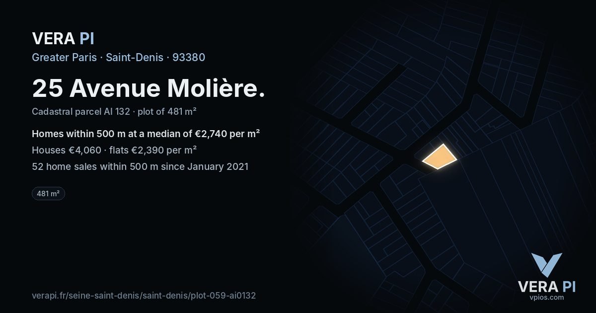 25 Avenue Molière, Saint-Denis at night – the plot lit, the parcels around coloured by the prices near them