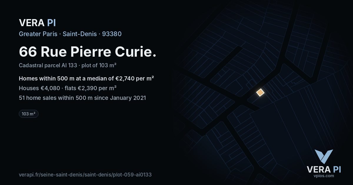 66 Rue Pierre Curie, Saint-Denis at night – the plot lit, the parcels around coloured by the prices near them