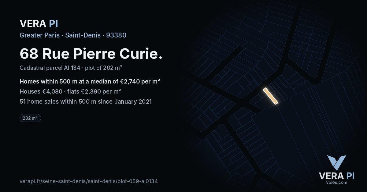 68 Rue Pierre Curie, Saint-Denis at night – the plot lit, the parcels around coloured by the prices near them