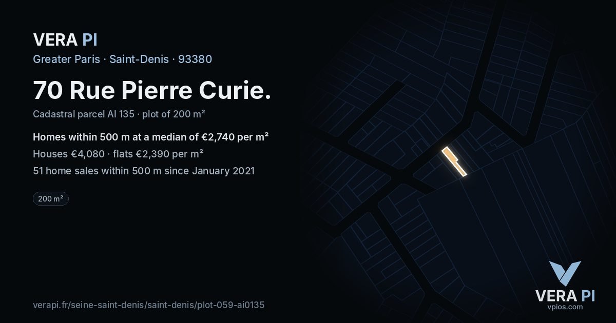 70 Rue Pierre Curie, Saint-Denis at night – the plot lit, the parcels around coloured by the prices near them