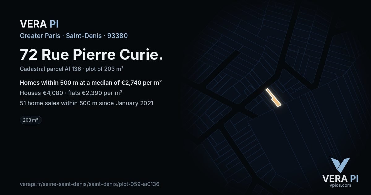 72 Rue Pierre Curie, Saint-Denis at night – the plot lit, the parcels around coloured by the prices near them