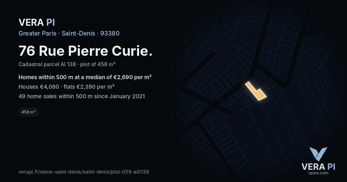76 Rue Pierre Curie, Saint-Denis at night – the plot lit, the parcels around coloured by the prices near them